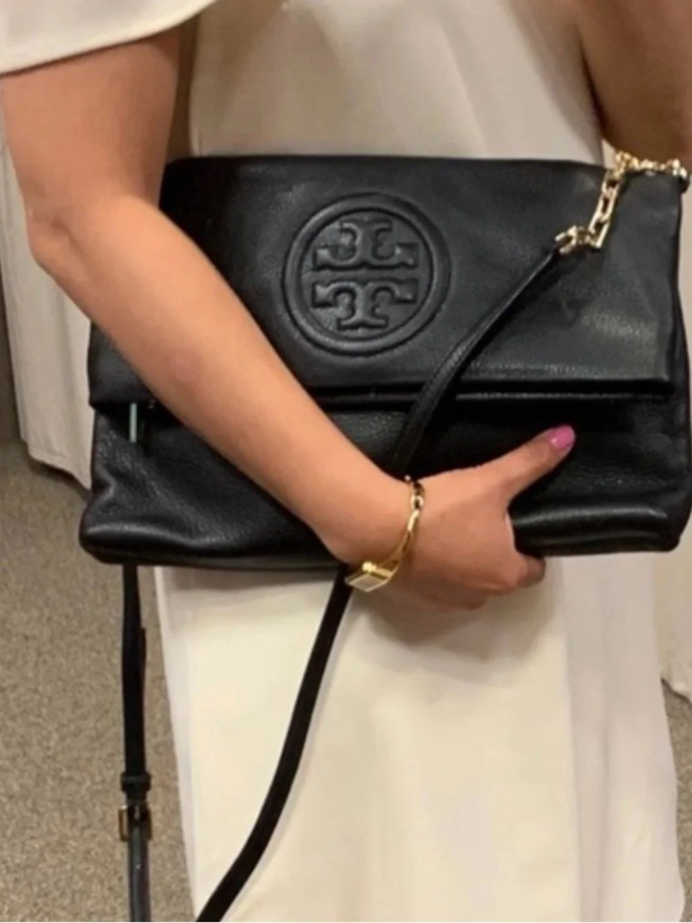 Tory Burch black leather Bombe envelope fold over crossbody bag